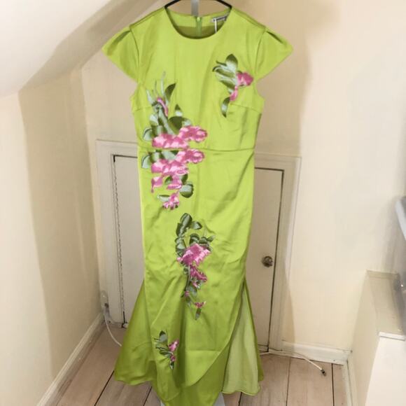 Fehaute NWT Women's Green Floral Embroidered Cap Sleeve Slit Sheath Maxi Dress 2 - Picture 2 of 10